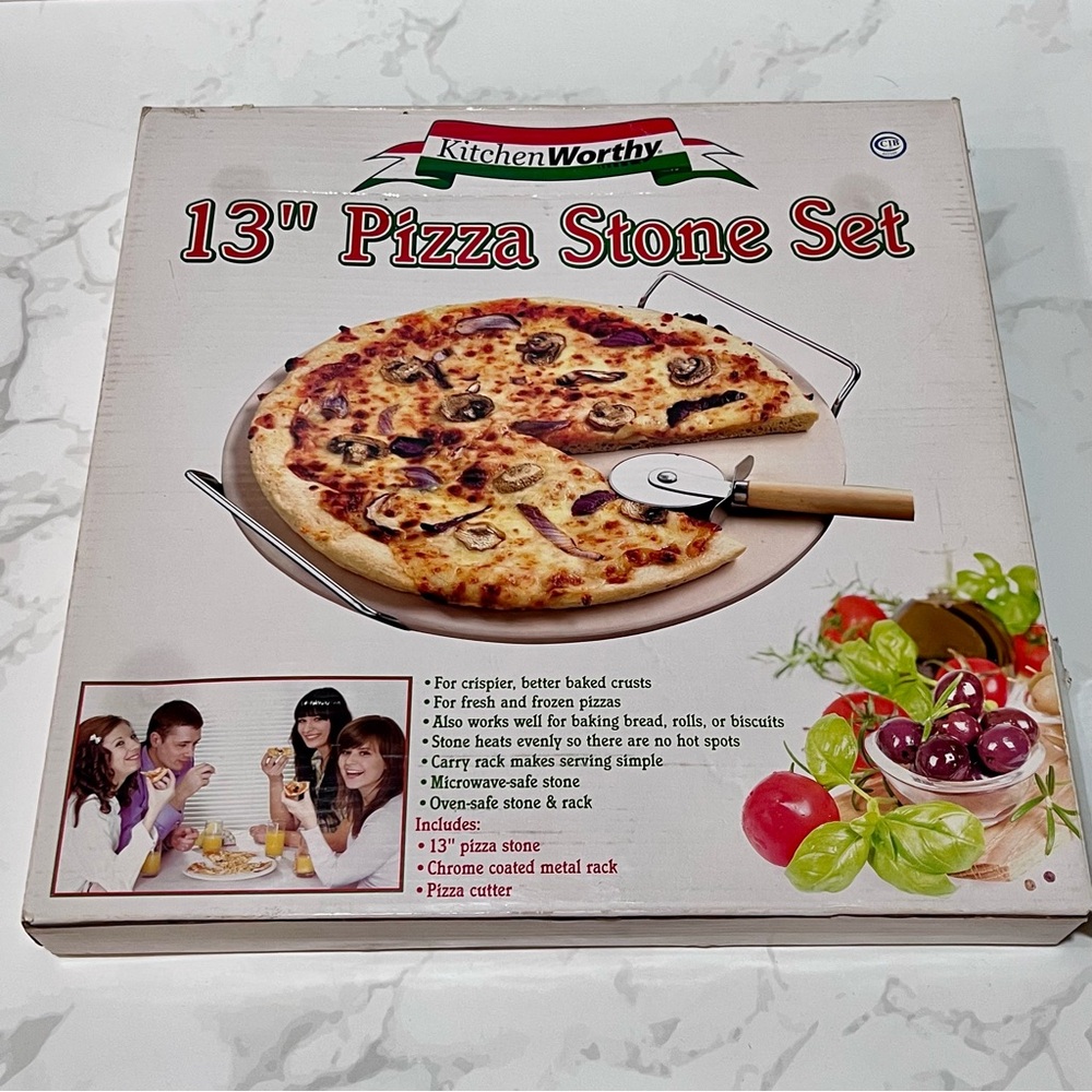 New in Box 13" Pizza Stone 3 Piece Set with Rack and Cutter